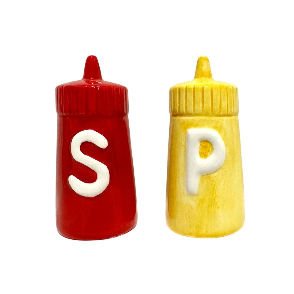Ceramic Ketchup and Mustard Bottle Salt & Pepper Shakers, Red and Yellow
